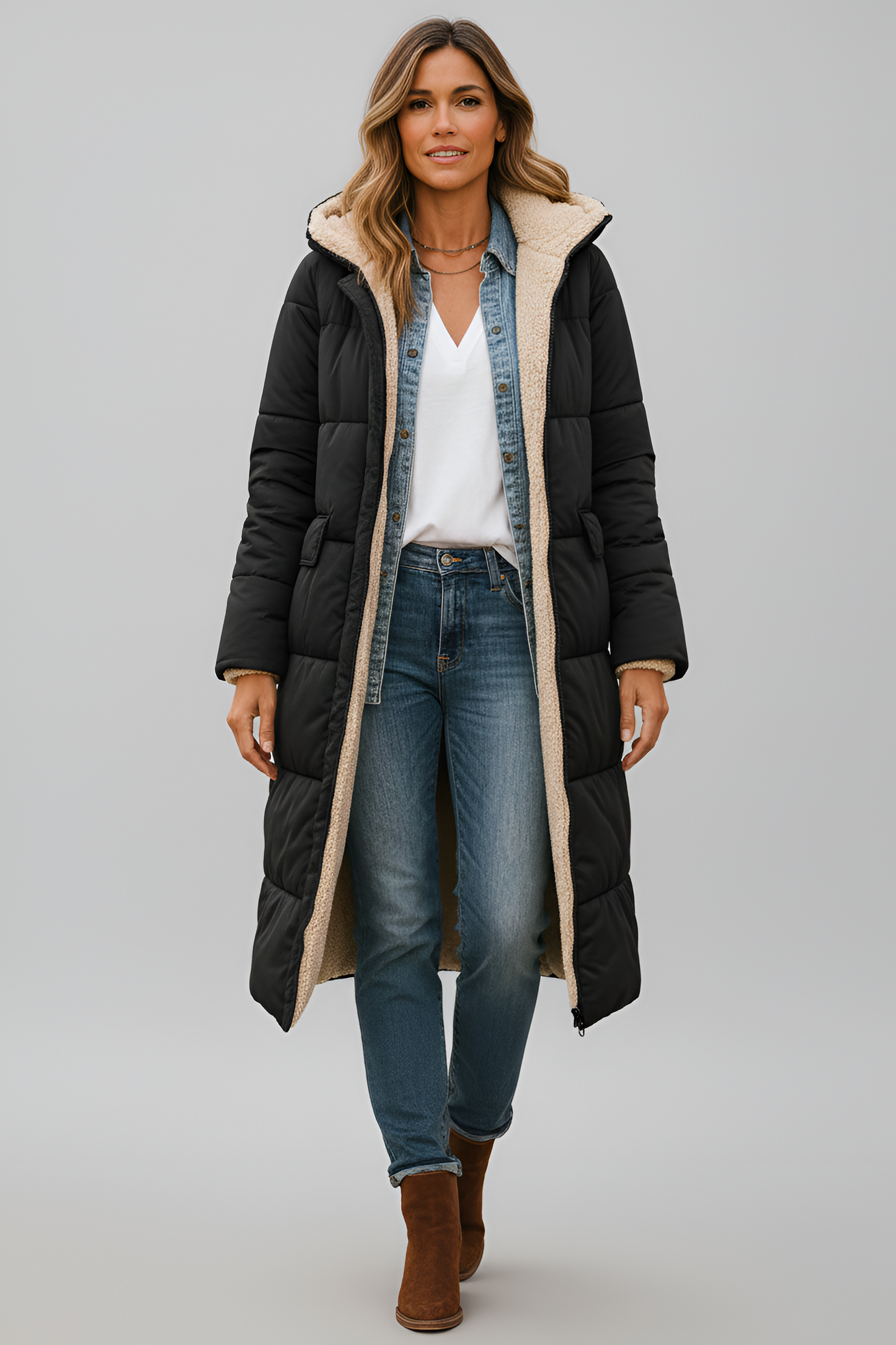 Warm Women's Long Shearling Lined Puffer Coat
