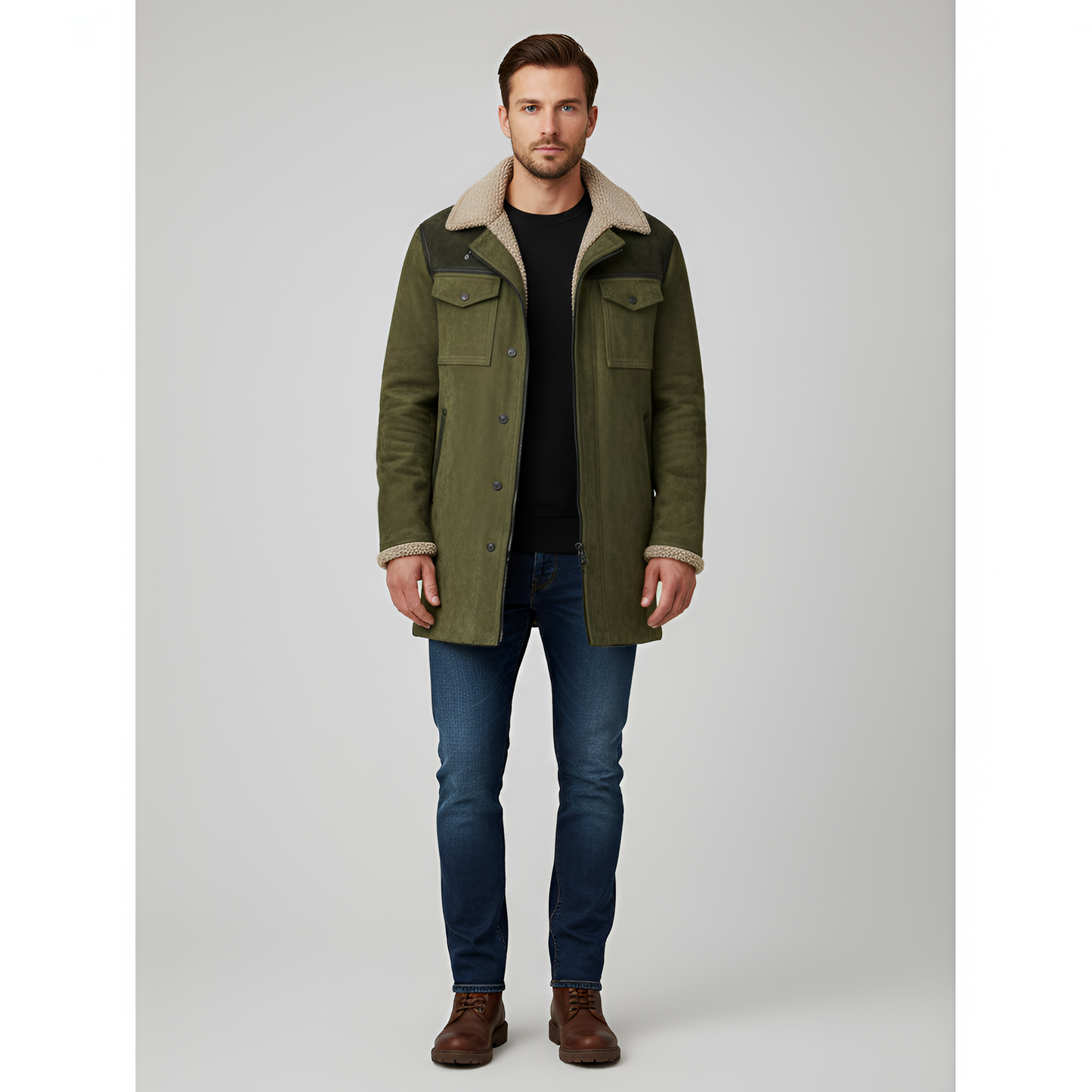 Warm Padded Mens Shearling Jacket with Buttons - EasyApparels