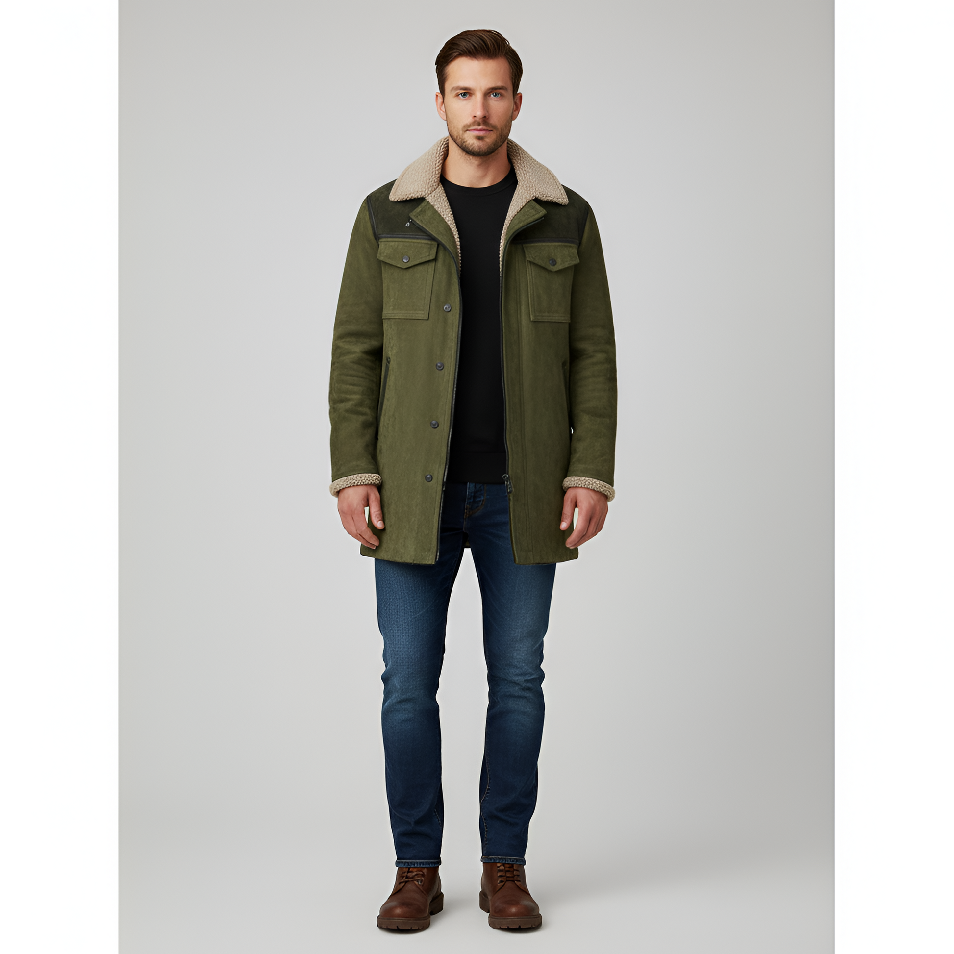 Warm Padded Mens Shearling Jacket with Buttons - EasyApparels