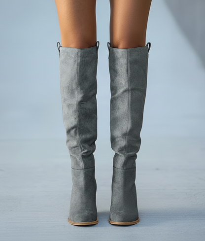 Knee High Women Boots Wide Heel Suede Leather
