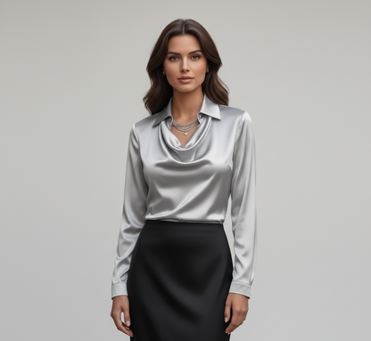Soft Satin Women's Blouse Elegant Neckline