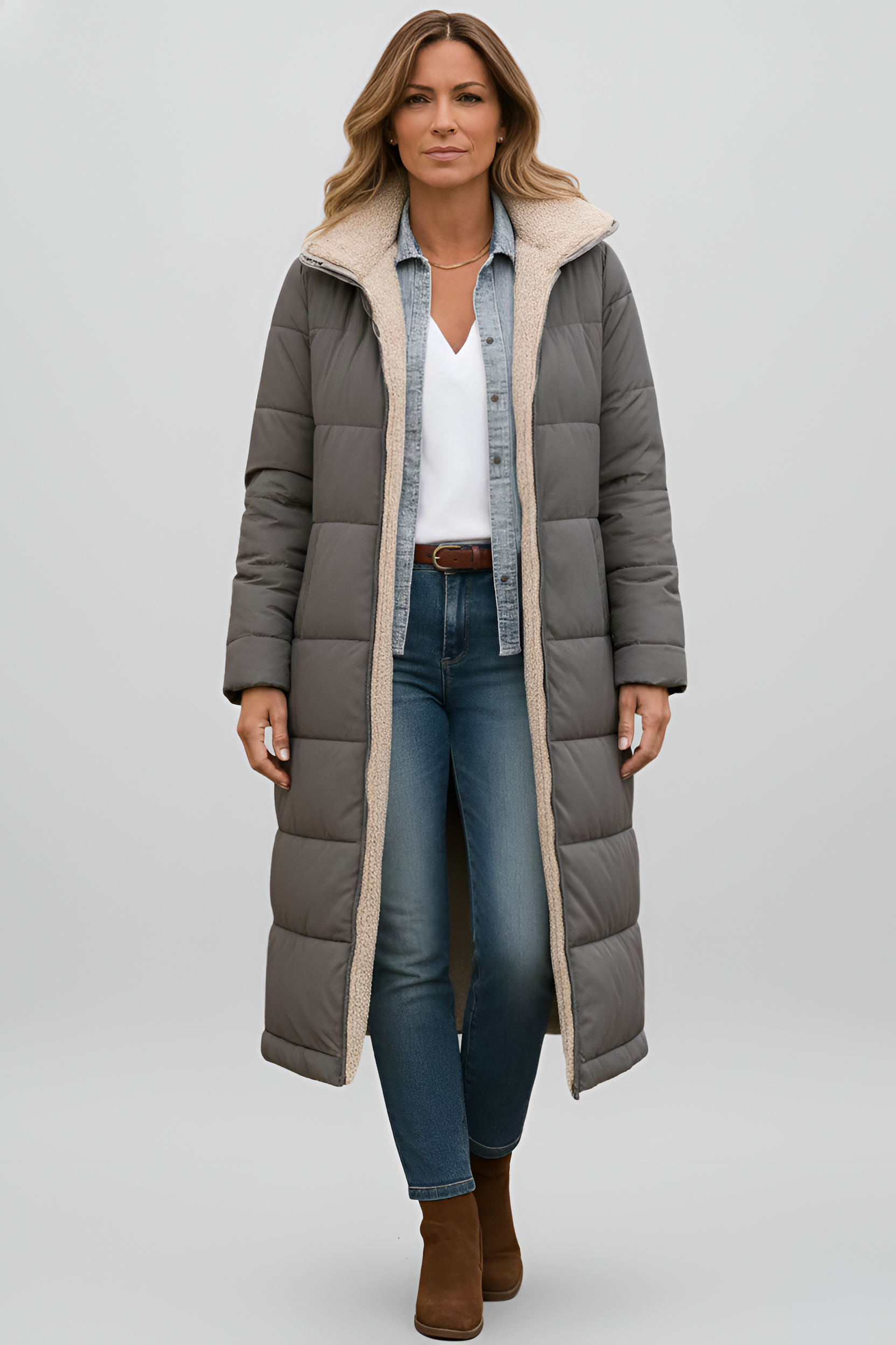 Warm Women's Long Shearling Lined Puffer Coat - EasyApparels