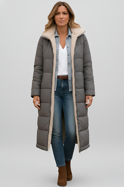 Warm Women's Long Shearling Lined Puffer Coat - EasyApparels