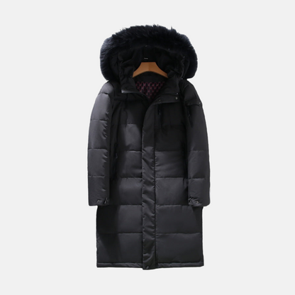 Warm Men's Long Parka Coat with Hood and Faux Fur