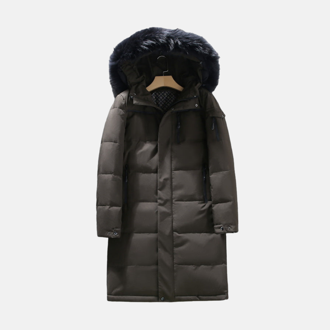 Warm Men's Long Parka Coat with Hood and Faux Fur