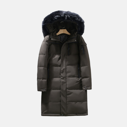 Warm Men's Long Parka Coat with Hood and Faux Fur