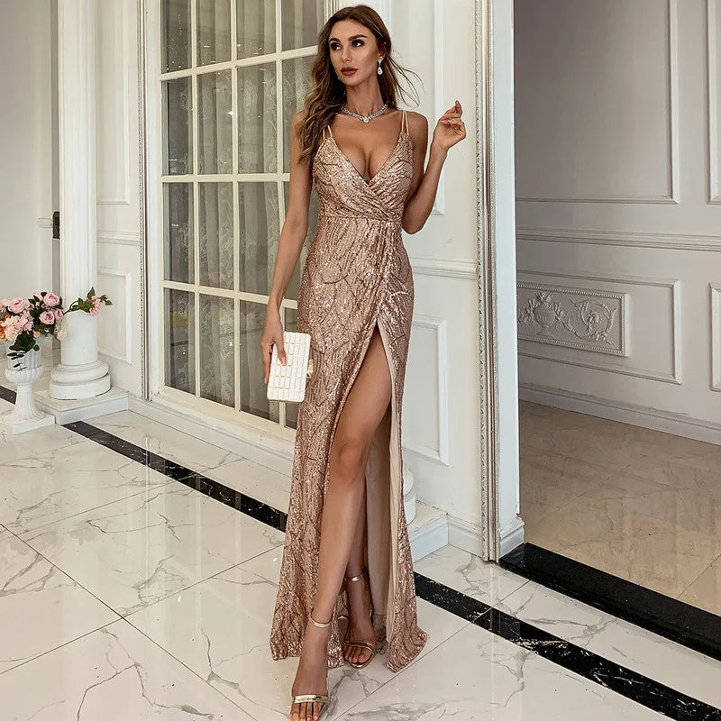 Elegant Women's Evening Gown with V Neckline and Slit - EasyApparels