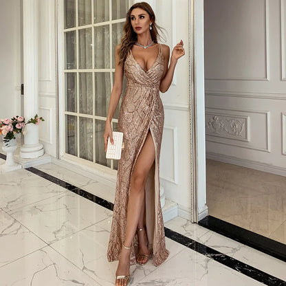 Elegant Women's Evening Gown with V Neckline and Slit - EasyApparels