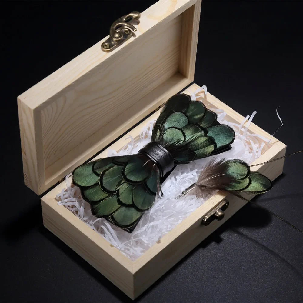 Unique Bird Pattern Bow Tie Set - Wooden Gift Box for Men - Luxicro