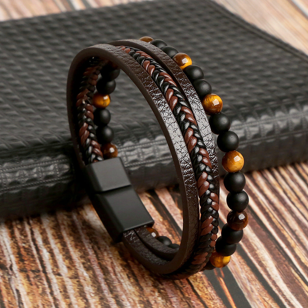 Premium Mens Leather Braid Cuff Bracelet Set - Luxicro