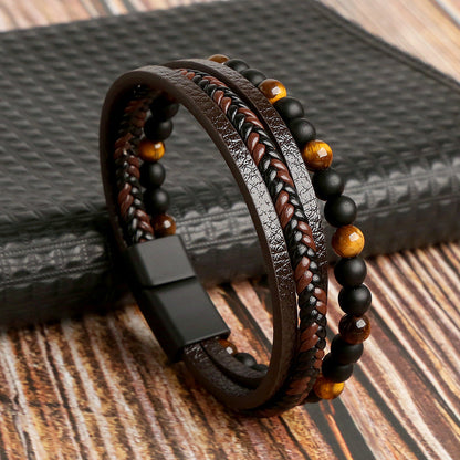 Premium Mens Leather Braid Cuff Bracelet Set - Luxicro