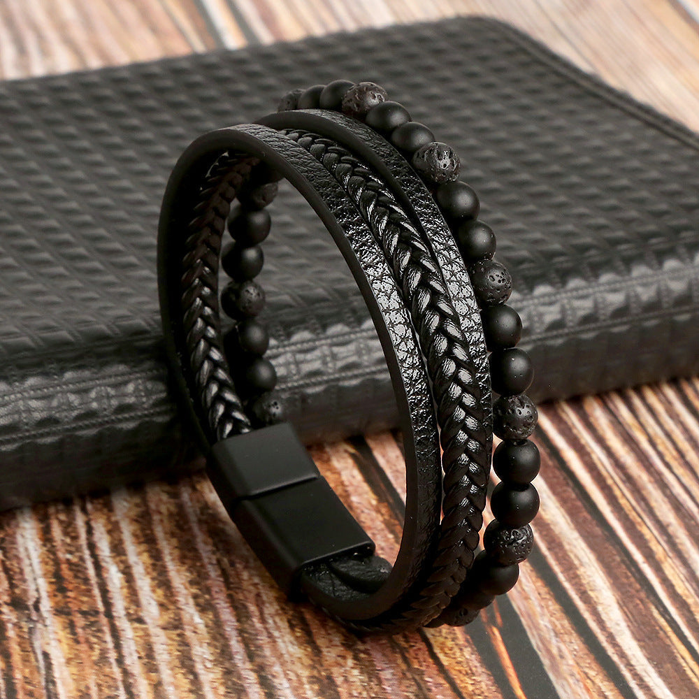 Premium Mens Leather Braid Cuff Bracelet Set