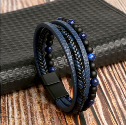 Premium Mens Leather Braid Cuff Bracelet Set