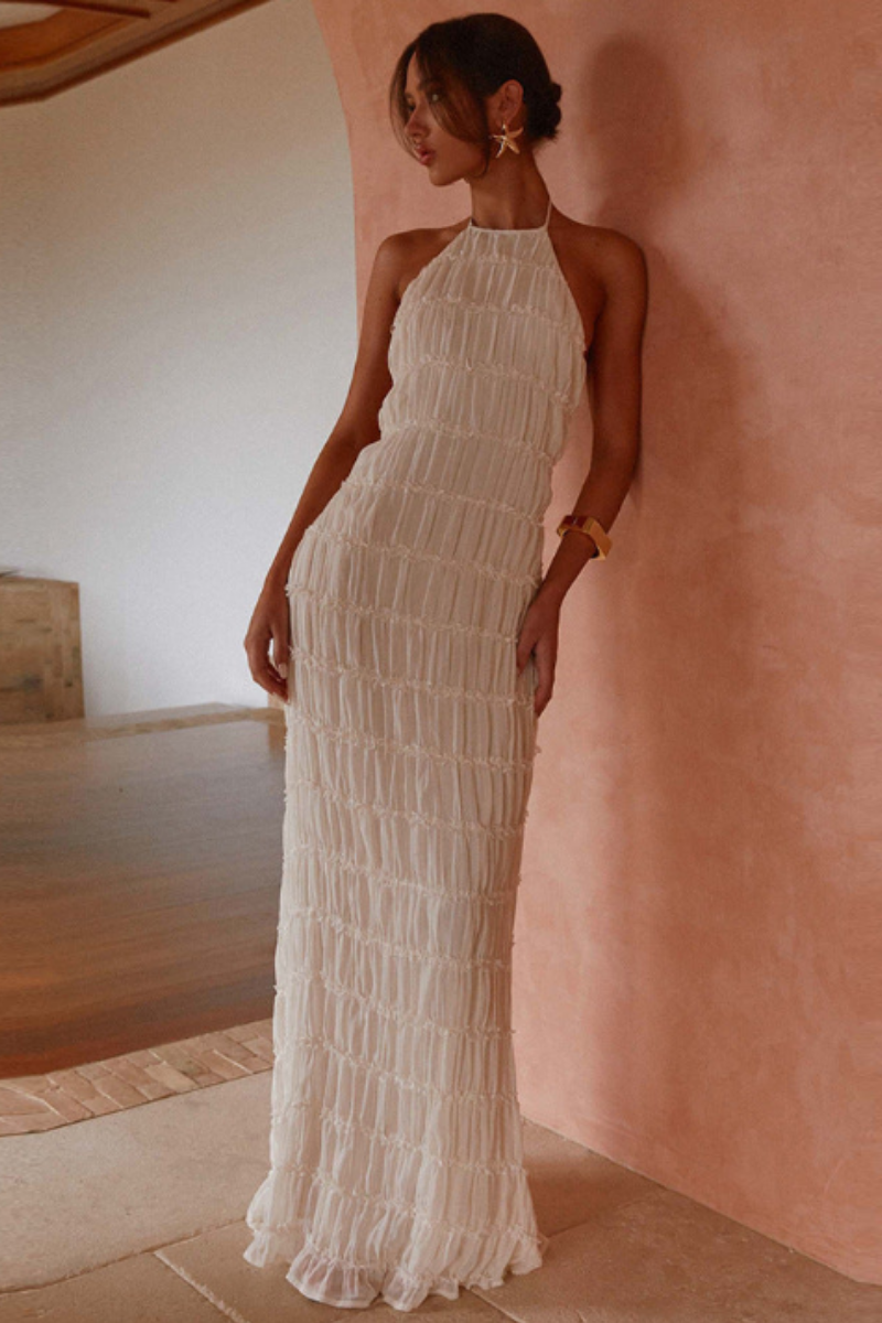 Flowy Strapless Maxi Dress in Beige with Ruffled Details - Luxicro