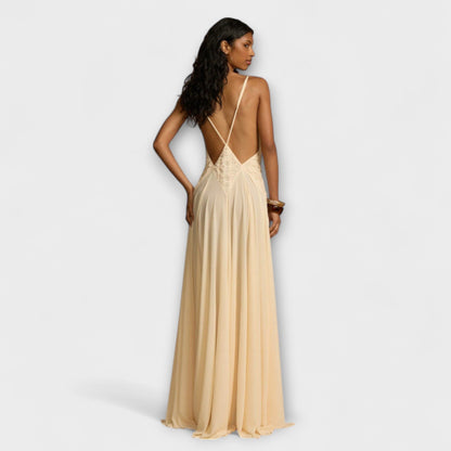 Elegant Long Dress with Low V-Neck for Women