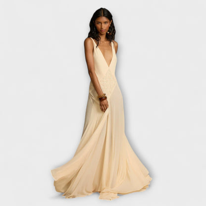 Elegant Long Dress with Low V-Neck for Women - Vossary