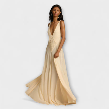 Elegant Long Dress with Low V-Neck for Women