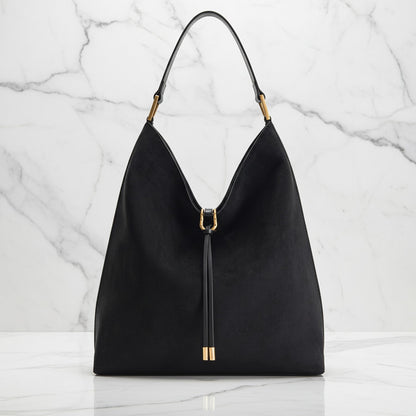 Chic Slouch Bag with Gold Accent and Drawstring Closure