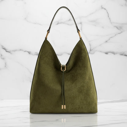 Chic Slouch Bag with Gold Accent and Drawstring Closure