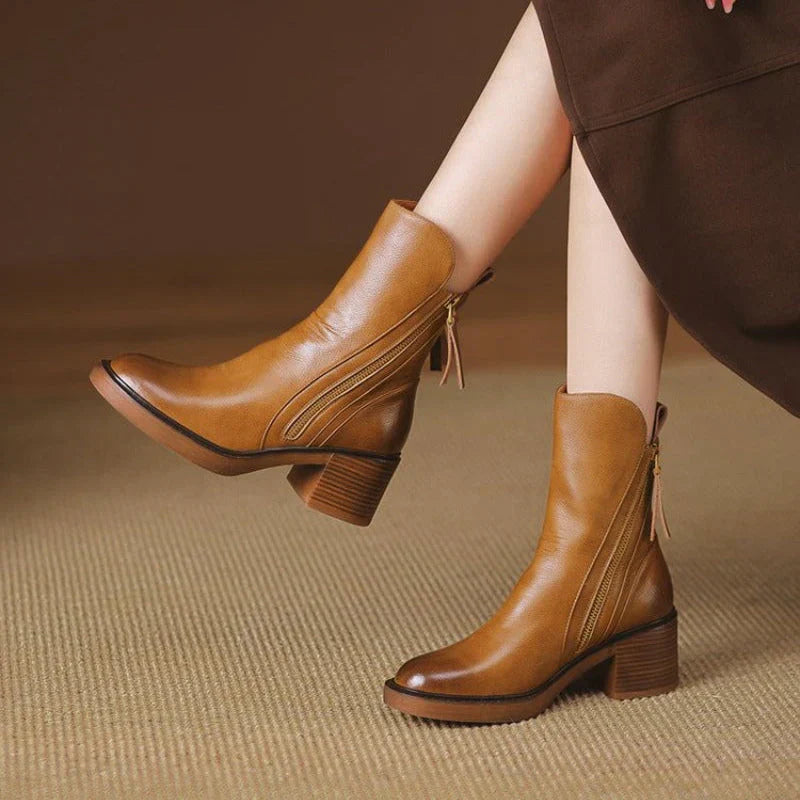Fake Leather Low Heel Ankle Boots - EasyApparels