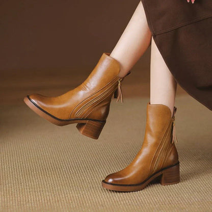 Fake Leather Low Heel Ankle Boots - EasyApparels