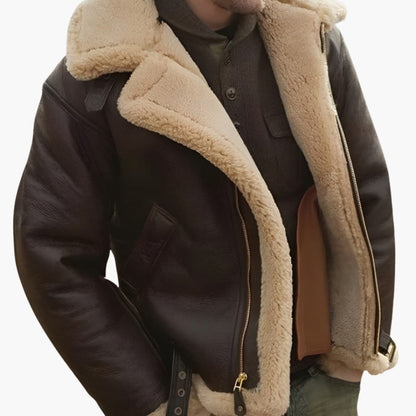 Classic Leather Bomber Jacket with Fleece Collar