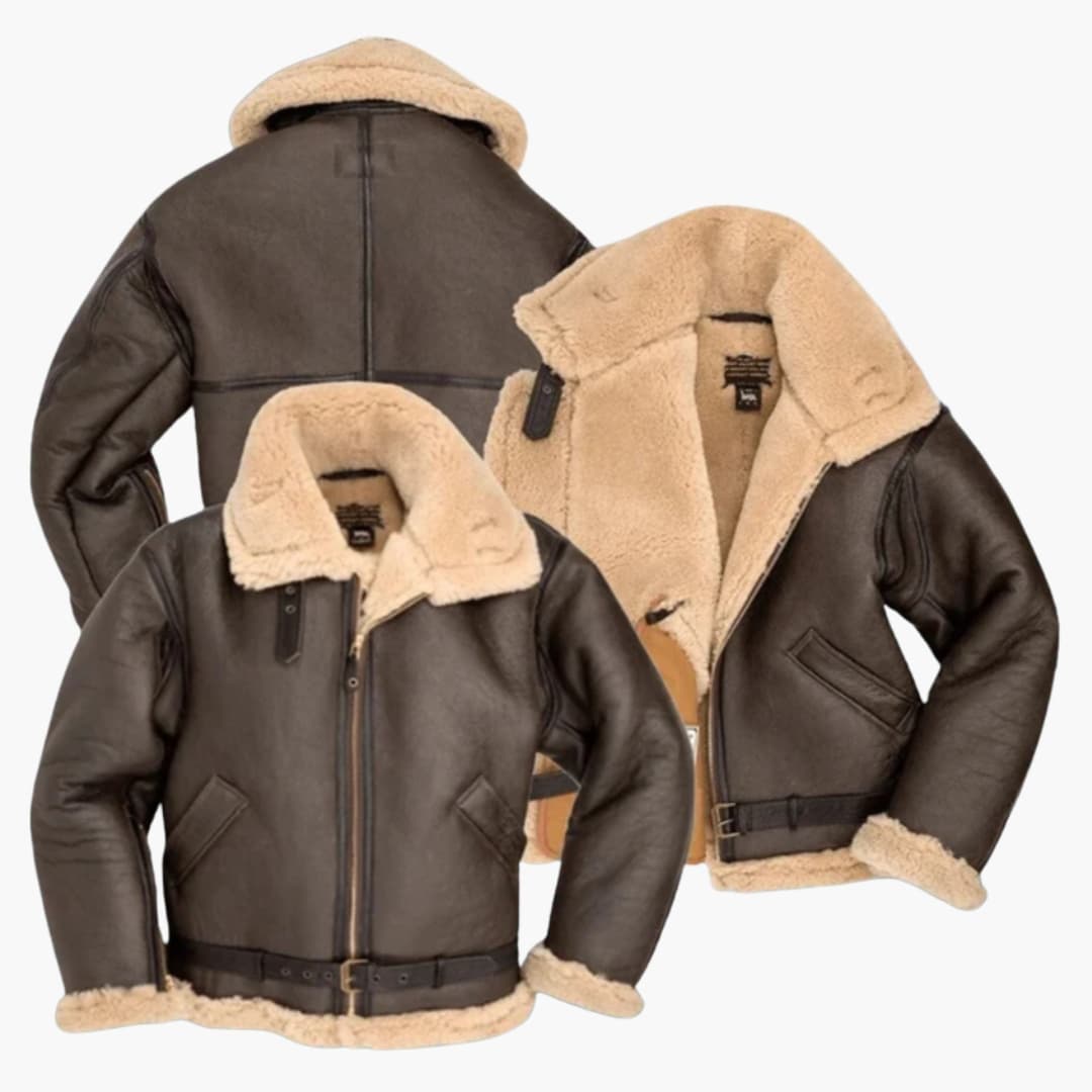 Classic Leather Bomber Jacket with Fleece Collar