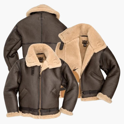 Classic Leather Bomber Jacket with Fleece Collar