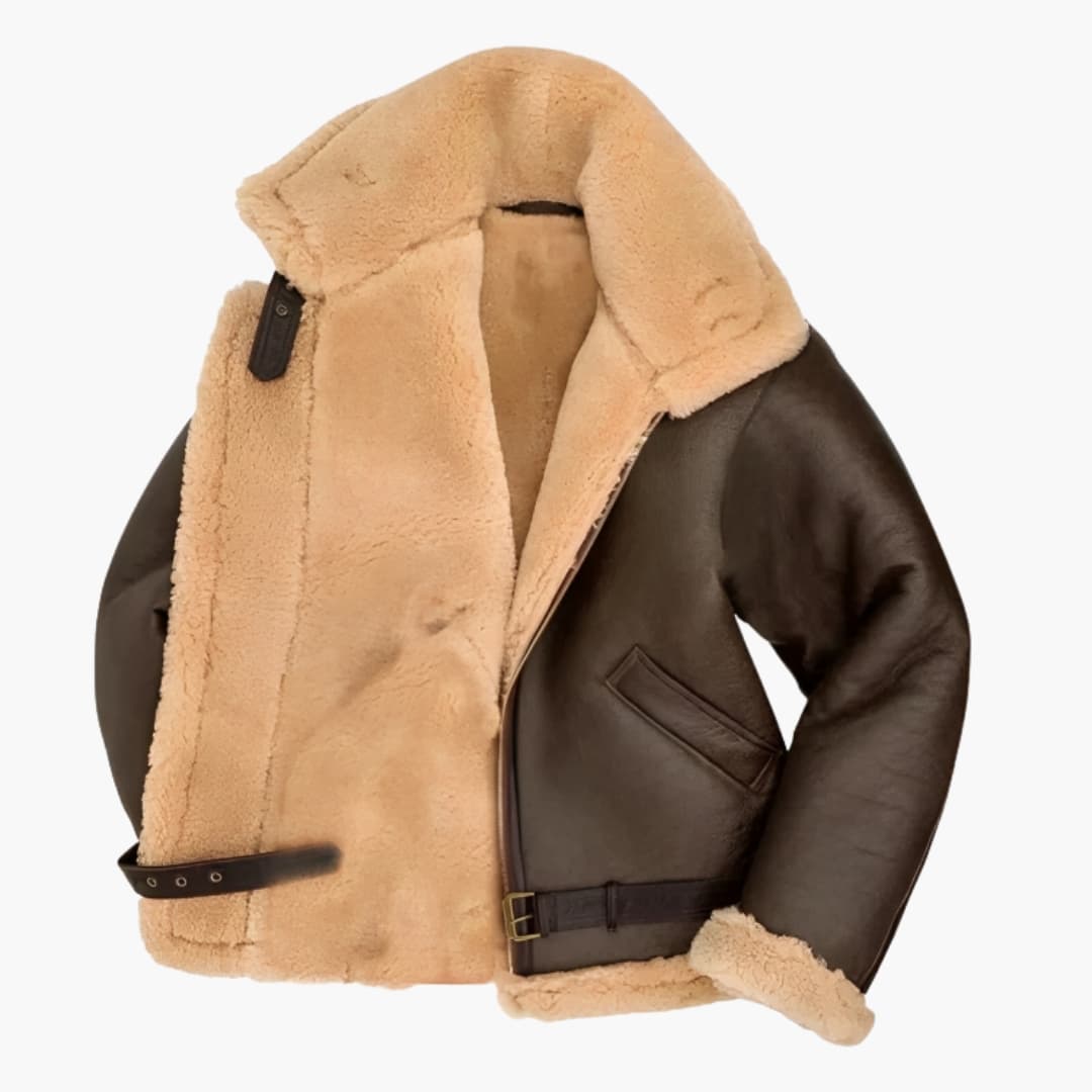 Classic Leather Bomber Jacket with Fleece Collar