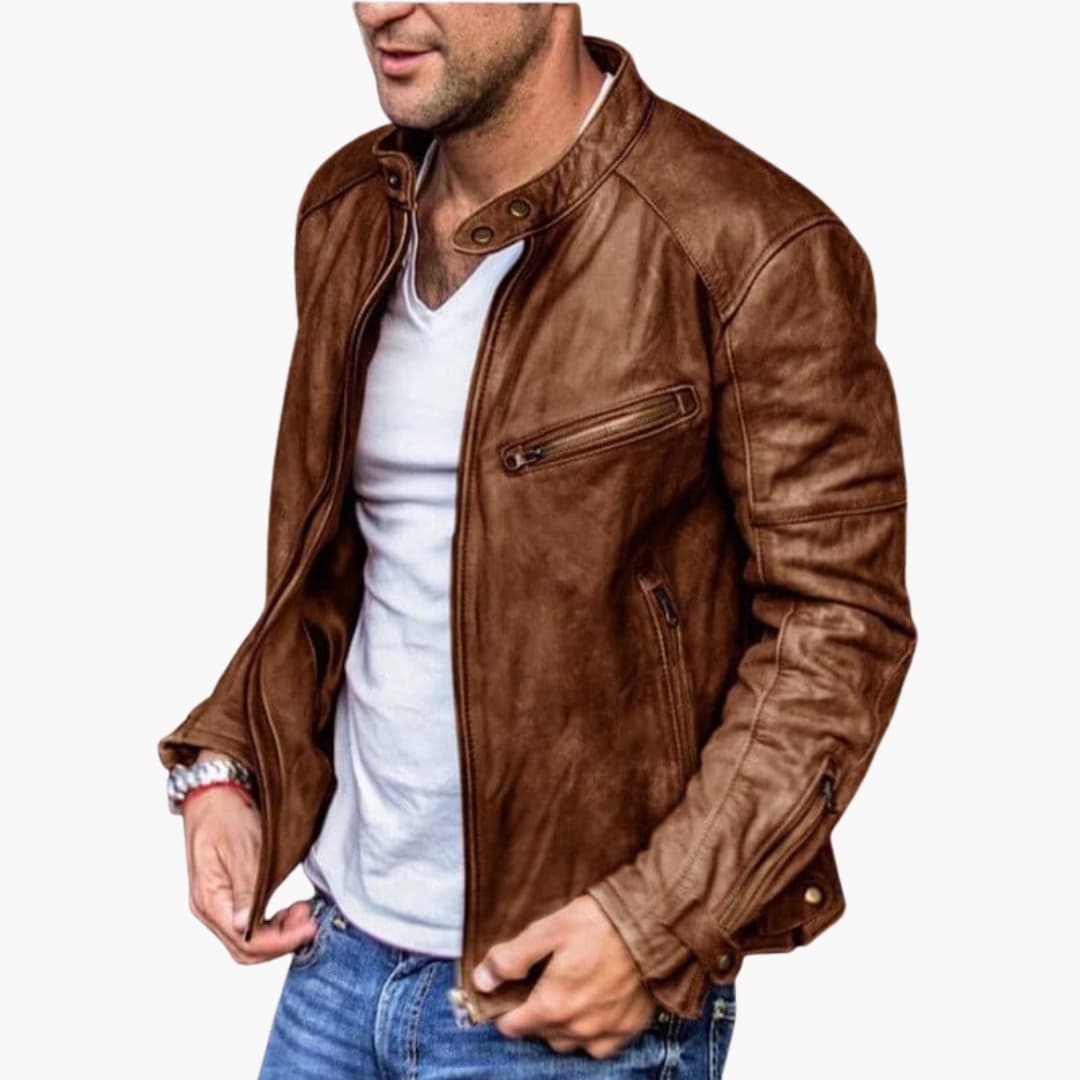 Men's Leather Motorcycle Jacket with Collar