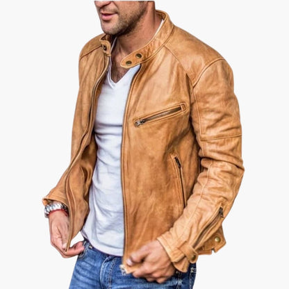 Men's Leather Motorcycle Jacket with Collar