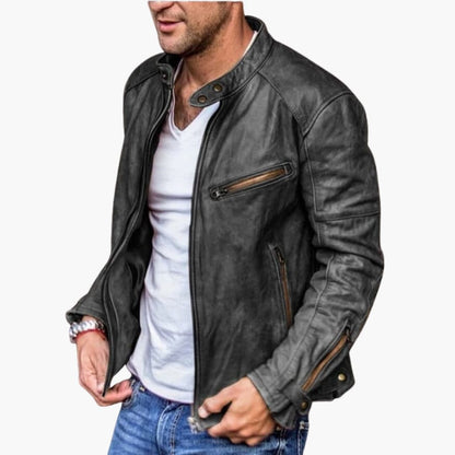 Men's Leather Motorcycle Jacket with Collar
