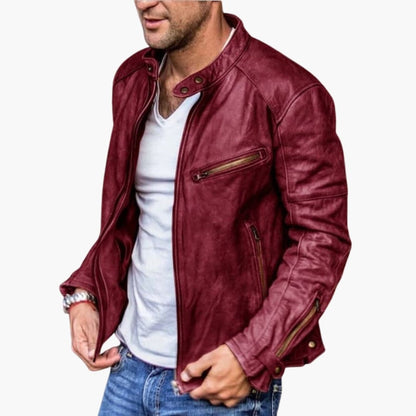 Men's Leather Motorcycle Jacket with Collar