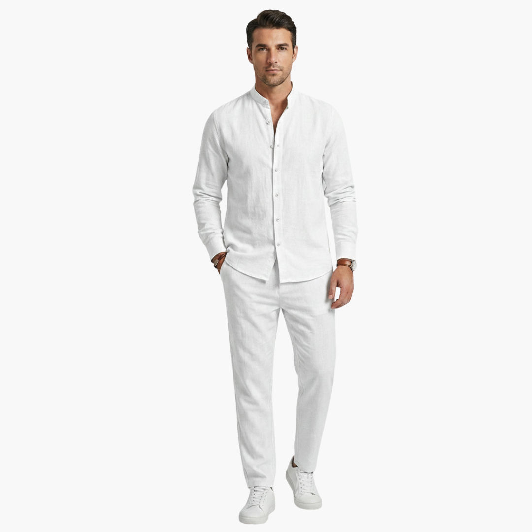 Summer Linen Suit for Men with Long Sleeve Top Pants