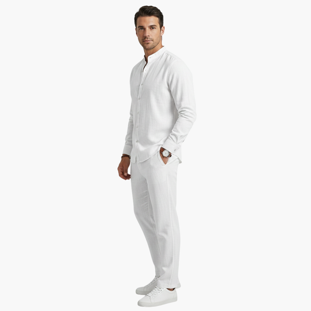 Summer Linen Suit for Men with Long Sleeve Top Pants