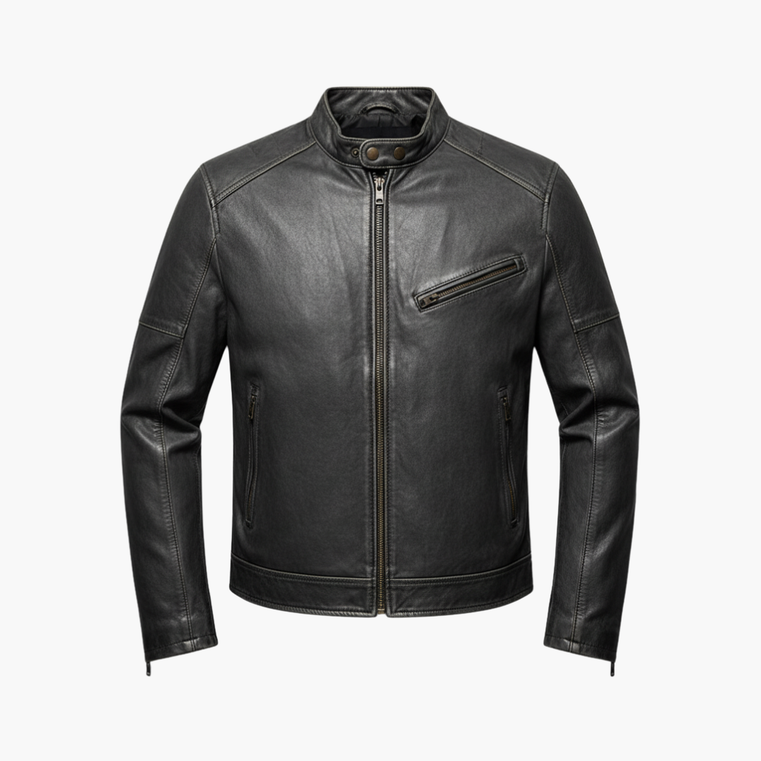 Men's Leather Motorcycle Jacket with Collar - Vossary