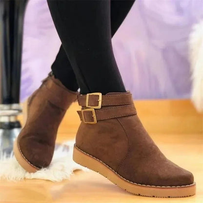 Ladies Low Heel Double Buckle Ankle Boots