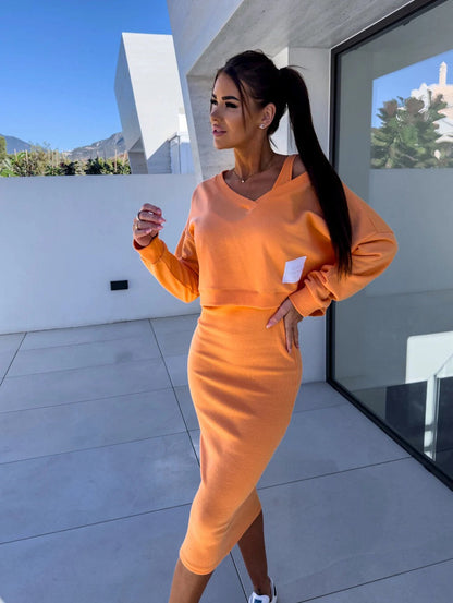 Women's 2-Piece - Fitted V Neck Top - High Waist Pencil Skirt - EasyApparels