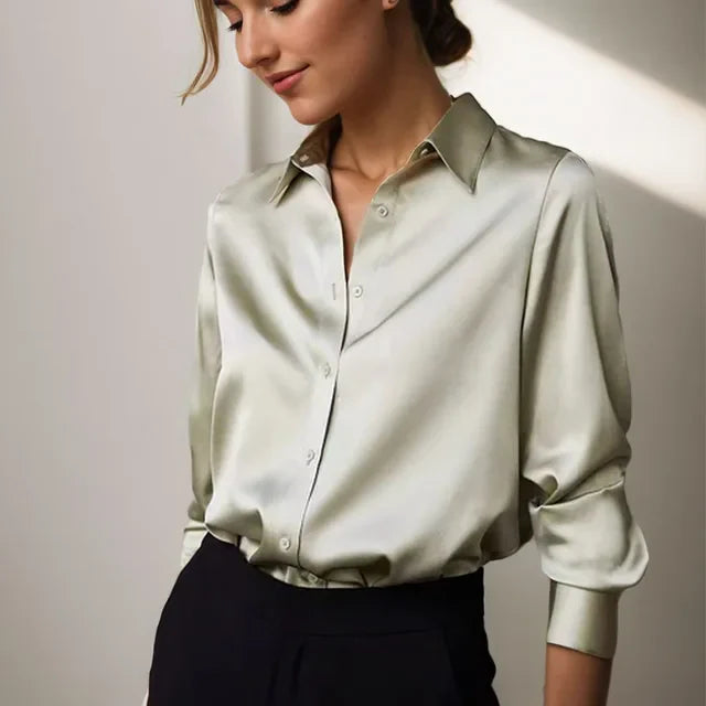 Elegant Ladies Satin Button Front Shirts - EasyApparels