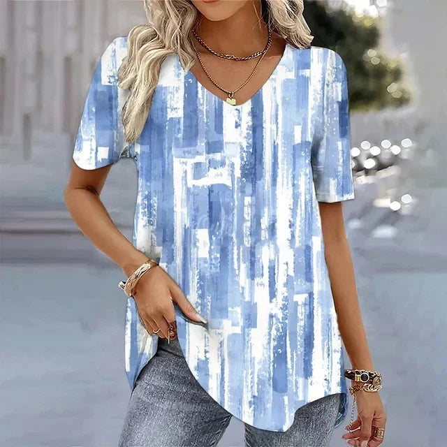 Fashionable Striped V Neck Ladies Tee