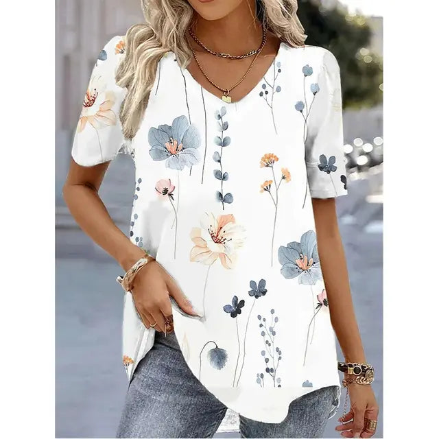 Fashionable Striped V Neck Ladies Tee