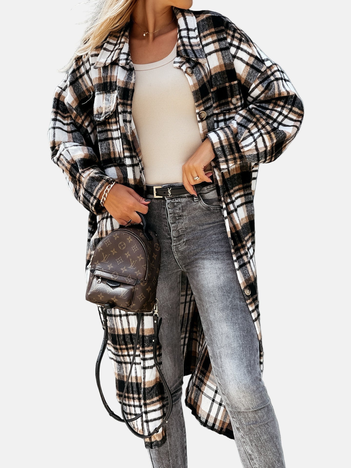 Relaxed Fit Plaid Button Down Women's Jacket - EasyApparels