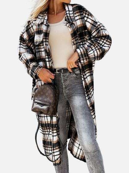 Relaxed Fit Plaid Button Down Women's Jacket - EasyApparels