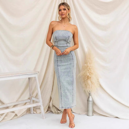 Women's Sleeveless Jean Dress - Fitted Midi Length - EasyApparels
