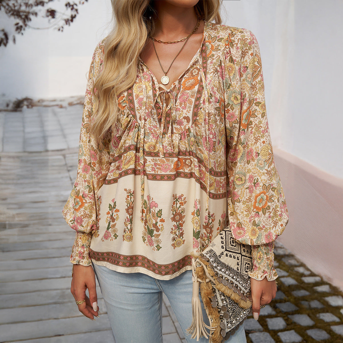 Loose Fit Women's Blouse with Long Sleeves Boho Style