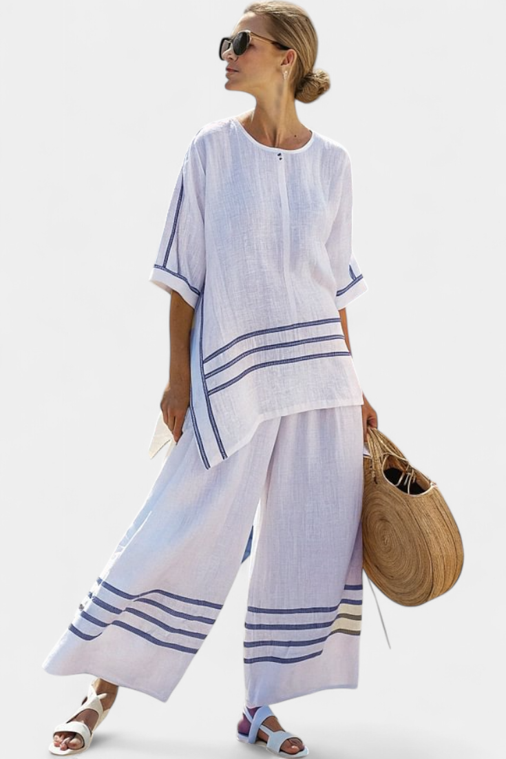 Trendy Striped Off-Center Top & Chic Pants