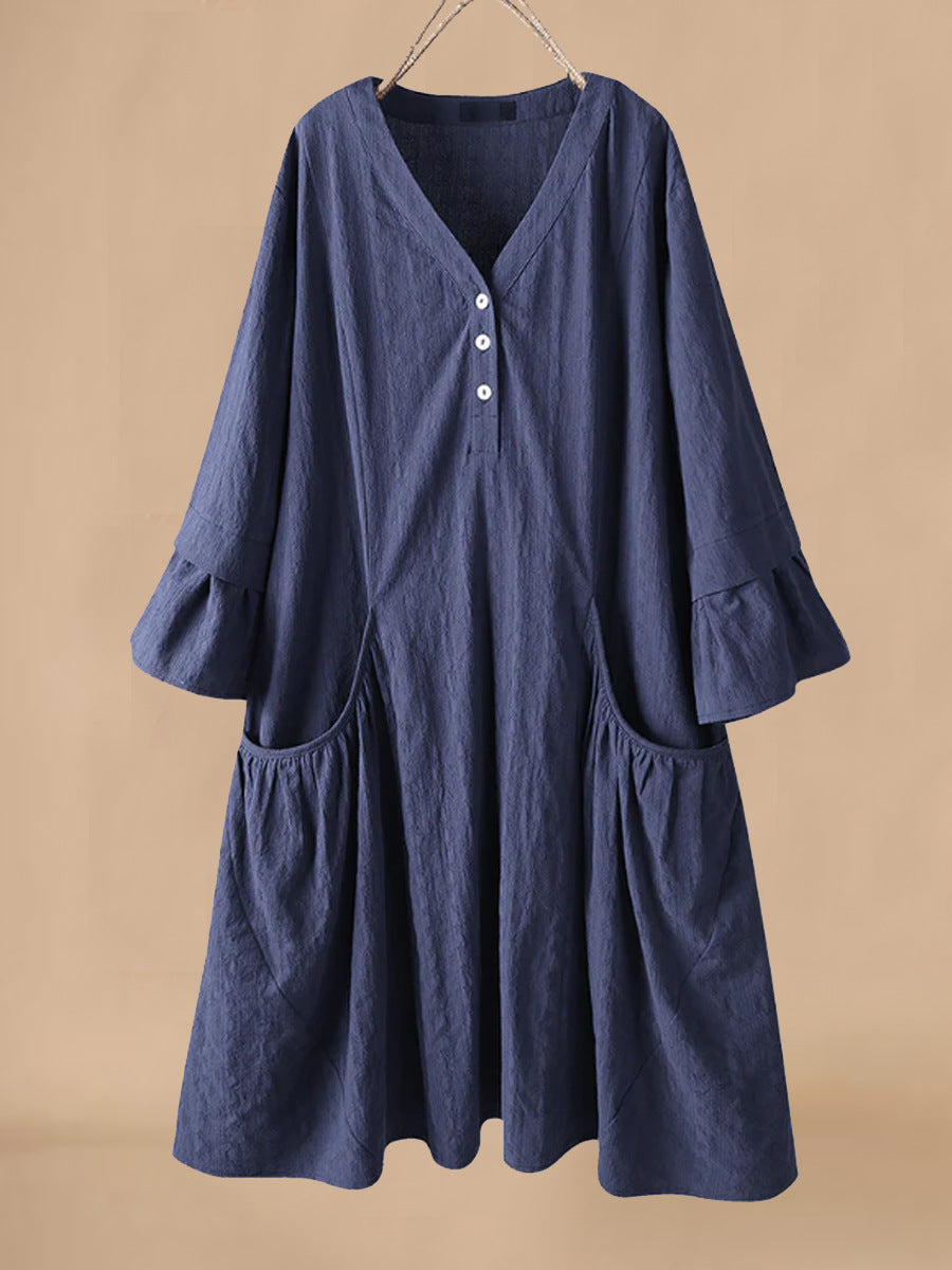 Casual Midi Dress for Women with V Neck and Pockets - EasyApparels
