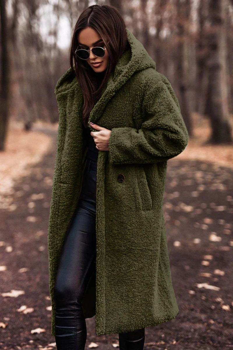Cozy Women's Fleece Hooded Coat Long Open Style
