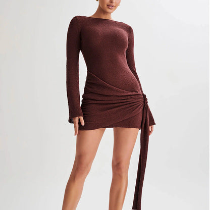 Women's Short Knit Dress with Long Sleeves and Drawstring Waist