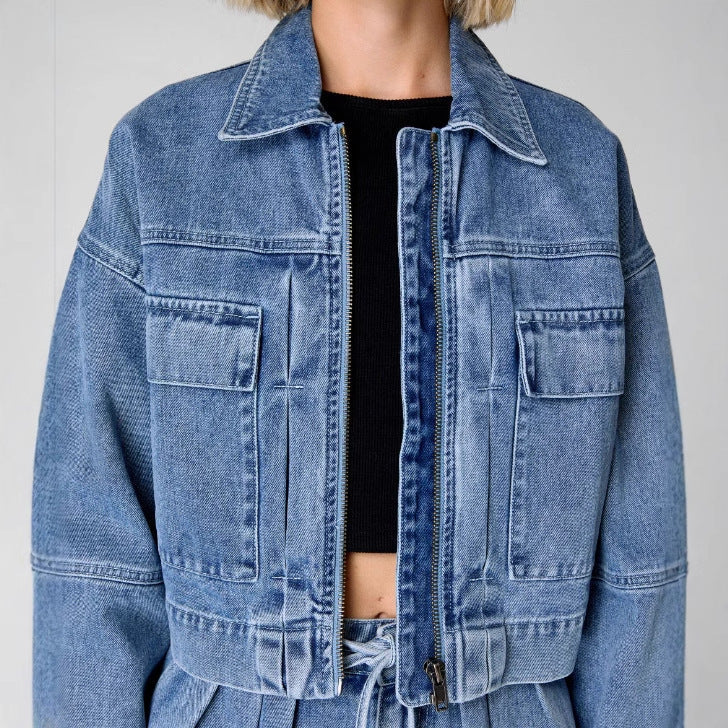 Relaxed Fit Women's Zip Denim Jacket with Pockets
